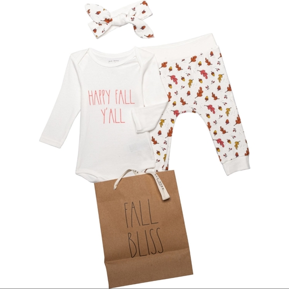 Rae Dunn Other - Rae Dunn Happy Fall Y’all Baby Bodysuit, Pants & Bow Set Long Sleeve For Infant